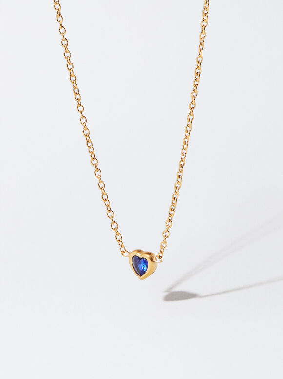 Stainless Steel Golden Necklace With Heart With Zirconia, Blue, hi-res
