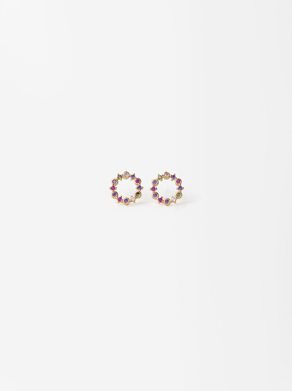 Gold-Toned Earrings With Cubic Zirconia, Multicolor, hi-res