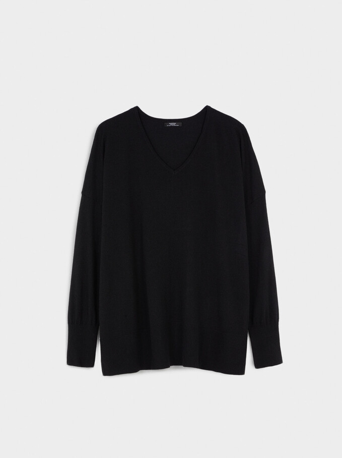 Knitted V-Neck Sweater, Black, hi-res