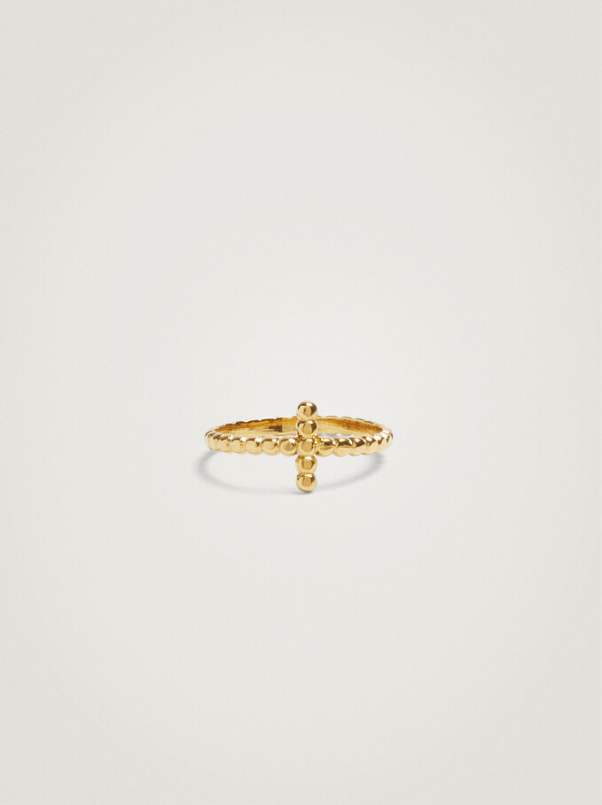 Stainless Steel Ring With Cross, Golden, hi-res