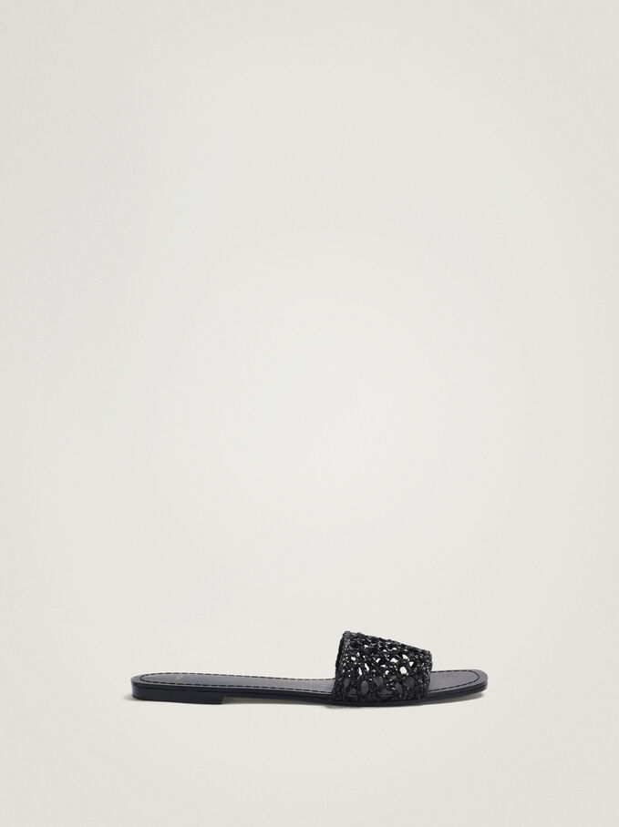 Raffia Flat Sandals, Black, hi-res