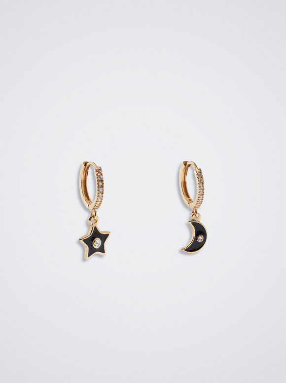 Small Hoop Earrings With Moon And Star, Black, hi-res
