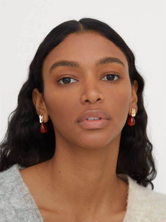Short Resin Earrings, Brown, hi-res