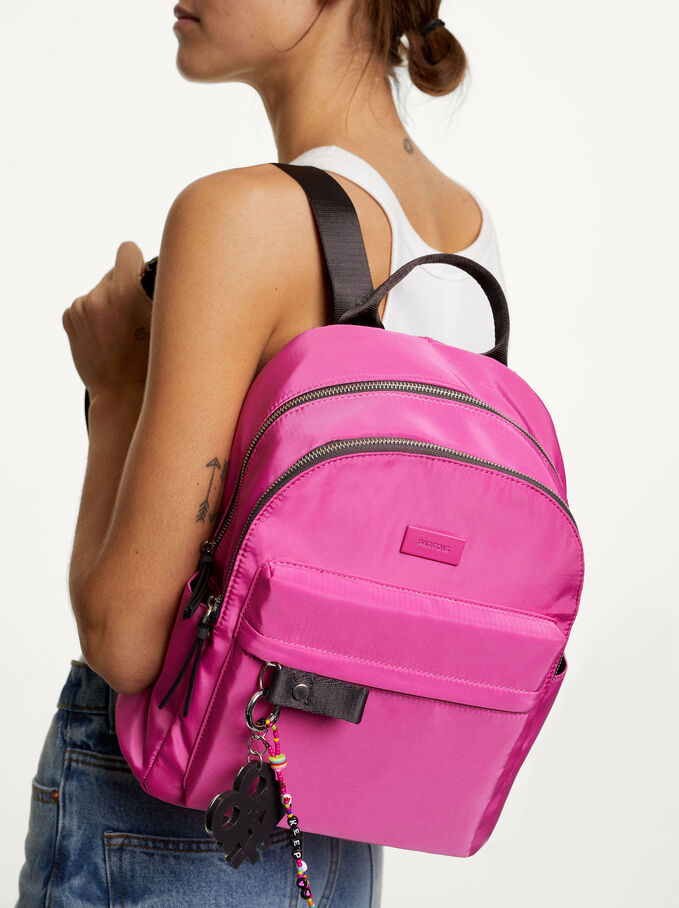 Nylon Backpack With Pendant, Pink, hi-res