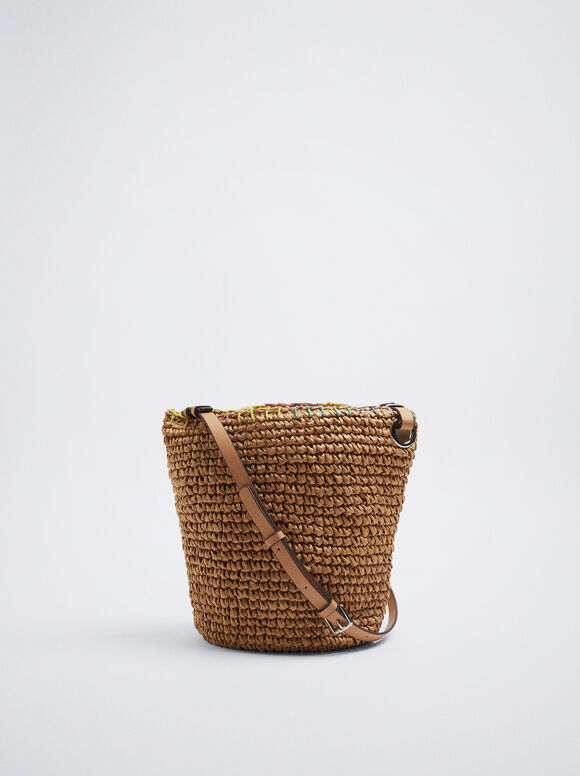 Straw-Effect Basket Bucket Bag, Beige, hi-res