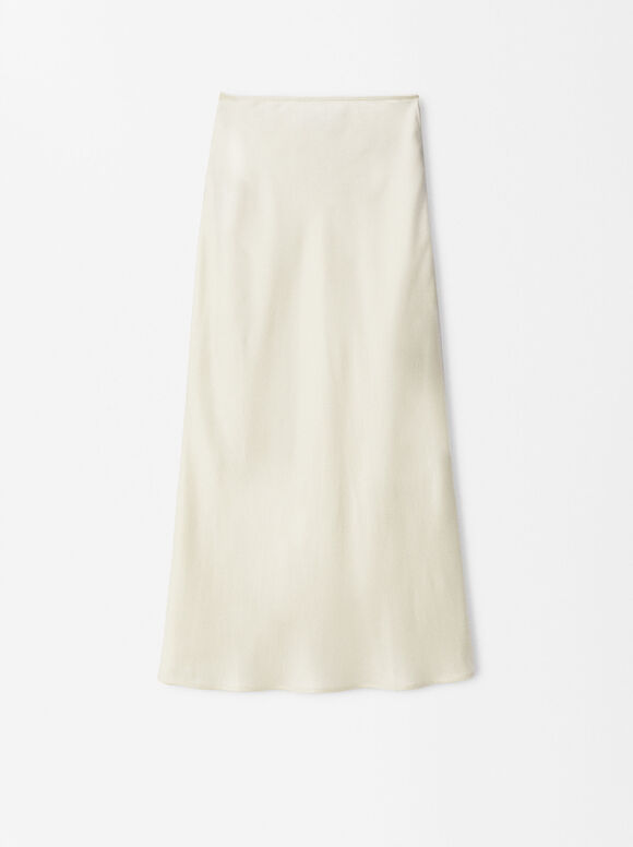 Midi Skirt With Elastic Waistband, Ecru, hi-res