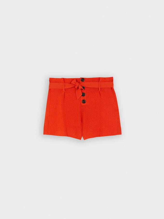 Knit Shorts With Bow And Buttons, Orange, hi-res