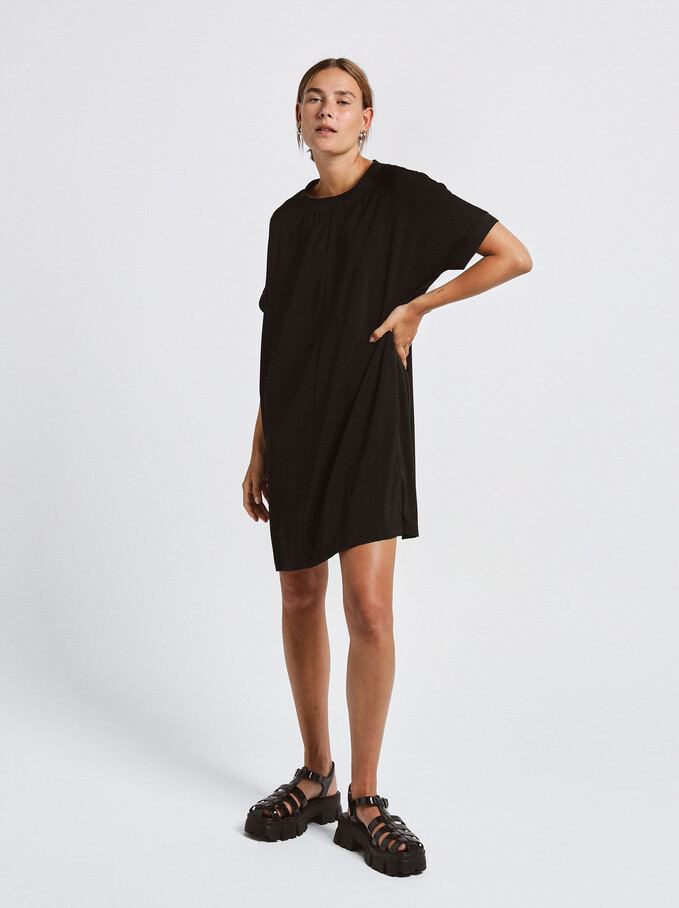 Plain Dress With Round Neck And Short Sleeve, Black, hi-res