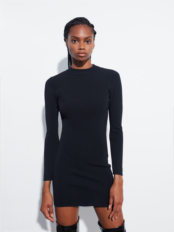 Long-Sleeve Ribbed Dress, Black, hi-res