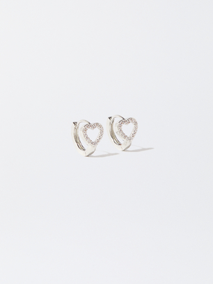 Hoop Earrings With Heart And Zirconia, Silver, hi-res