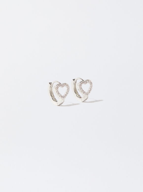 Hoop Earrings With Heart And Zirconia, Silver, hi-res