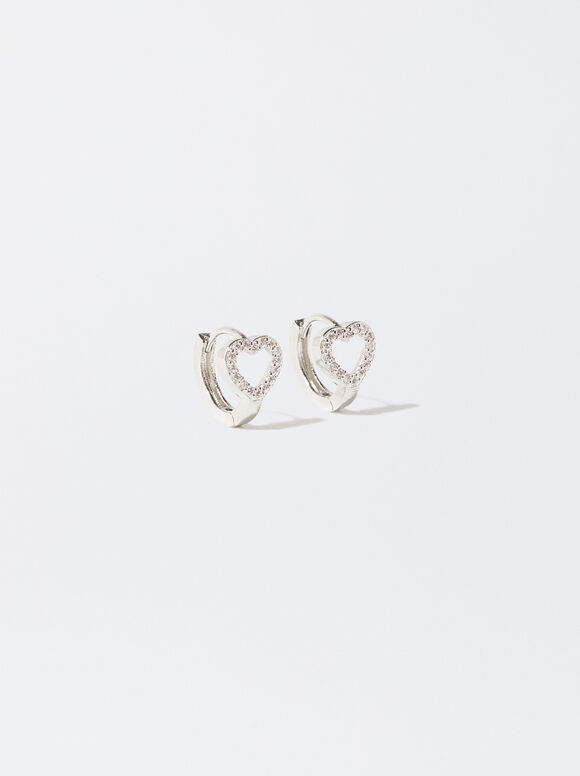 Gold Hoops With Heart, Silver, hi-res
