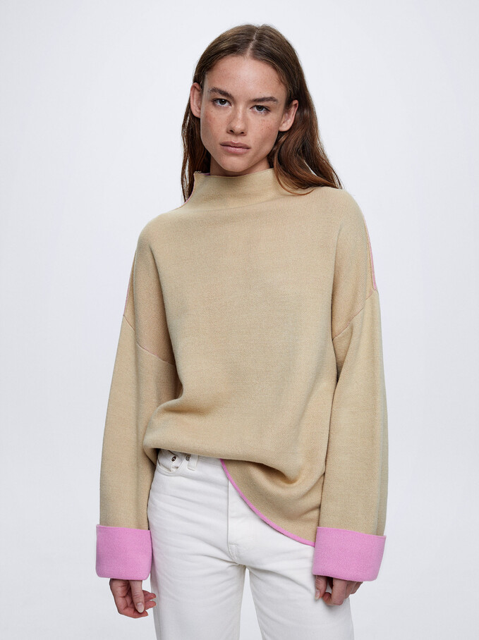 High-Neck Knit Sweater, Pink, hi-res