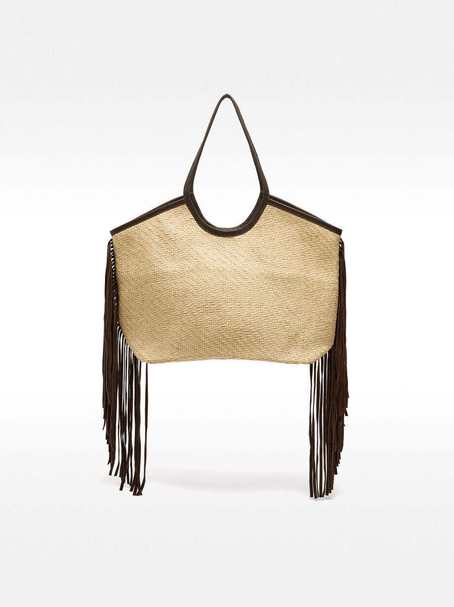 Raffia shopper bag with leather fringes