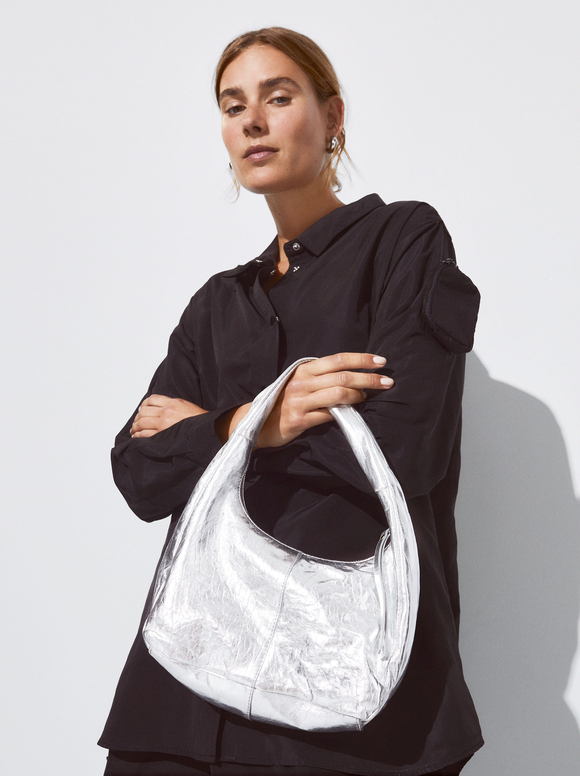 Metallic Leather Shoulder Bag., Silver, hi-res