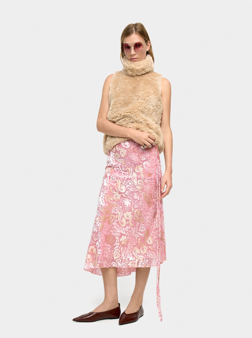 Jupe midi en jacquard de feuilles