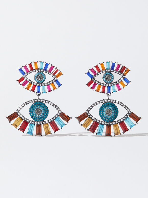 Maxi Eye Earrings With Pearls And Crystal, Multicolor, hi-res