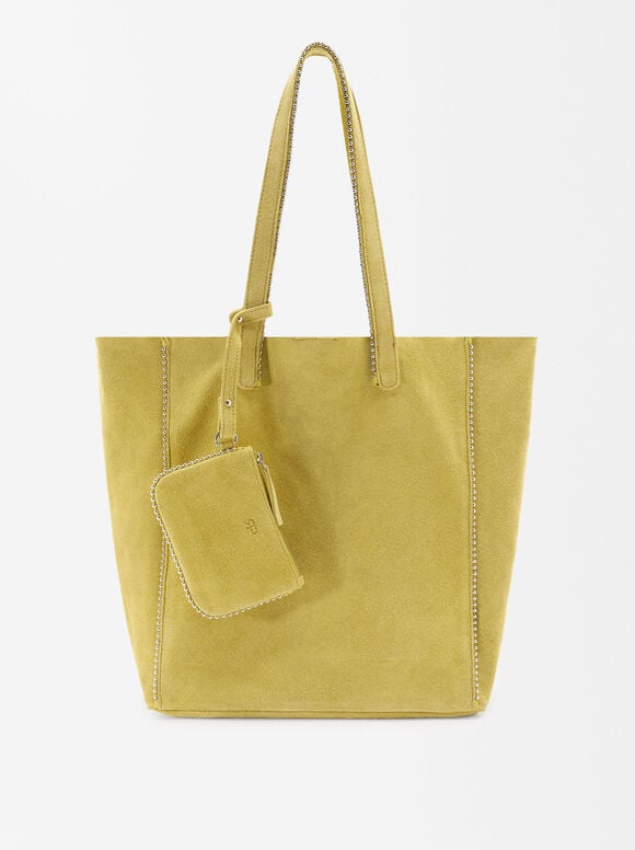 Leather Tote Bag With Pendant, Yellow, hi-res