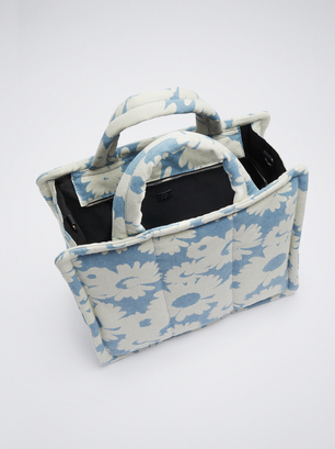 Floral Print Denim Tote Bag, Blue, hi-res