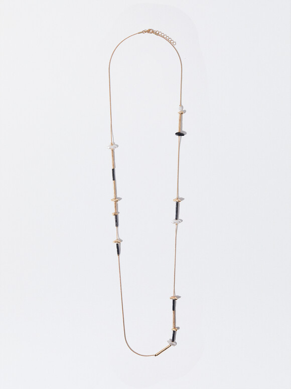 Golden Necklace With Resin, Black, hi-res