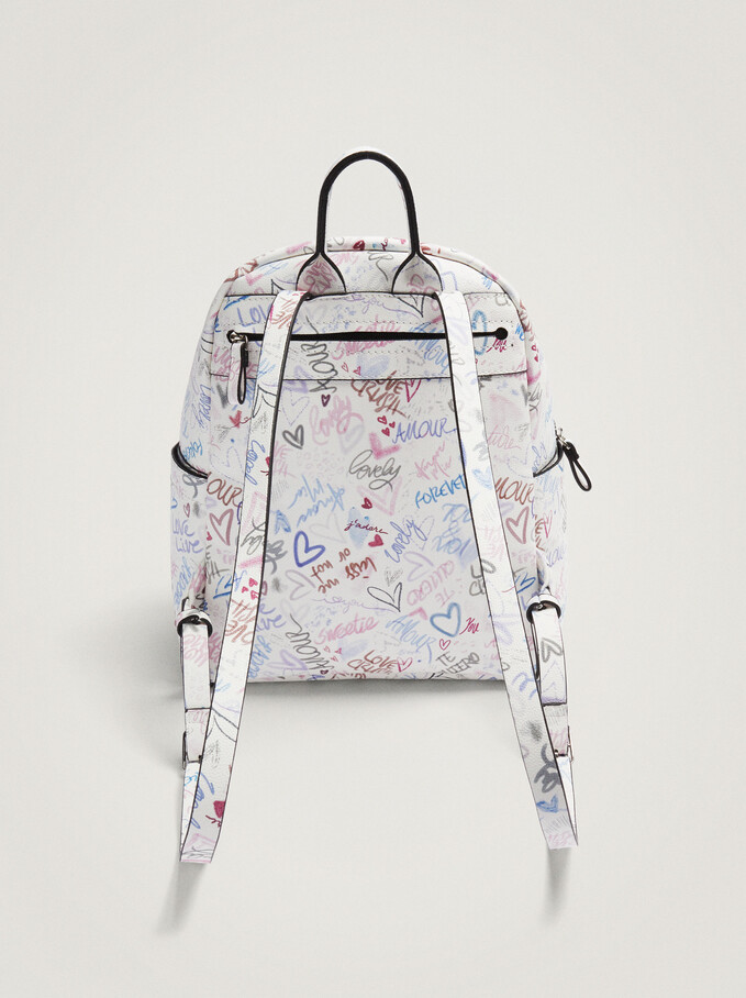 Printed Backpack With Heart Pendant, White, hi-res