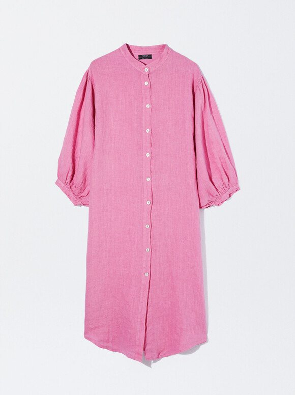 100% Linen Shirt Dress, Pink, hi-res