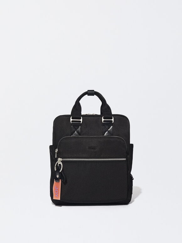 Nylon Backpack With Outside Pockets, Black, hi-res