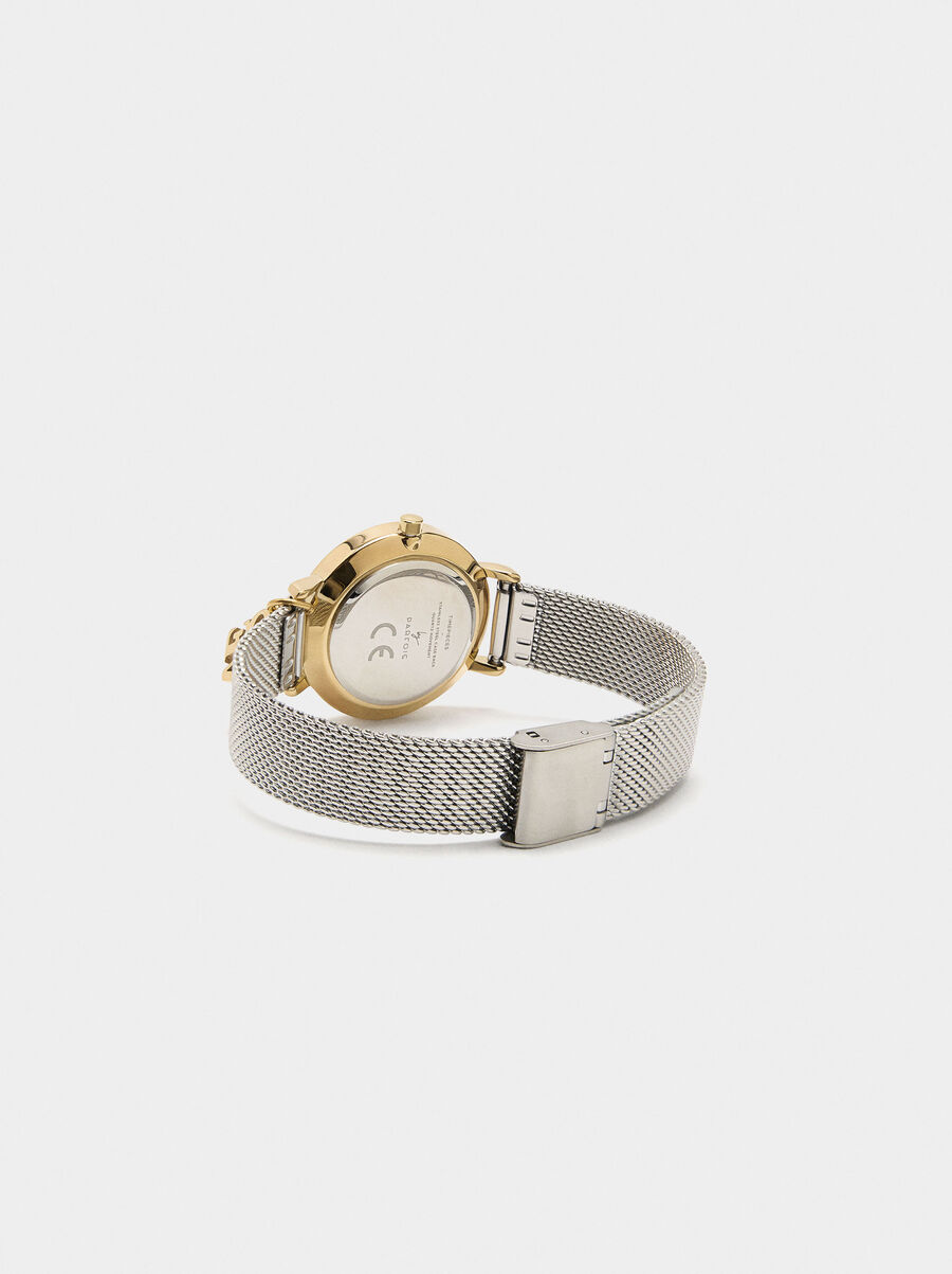 Bicolor watch with metallic mesh and charm