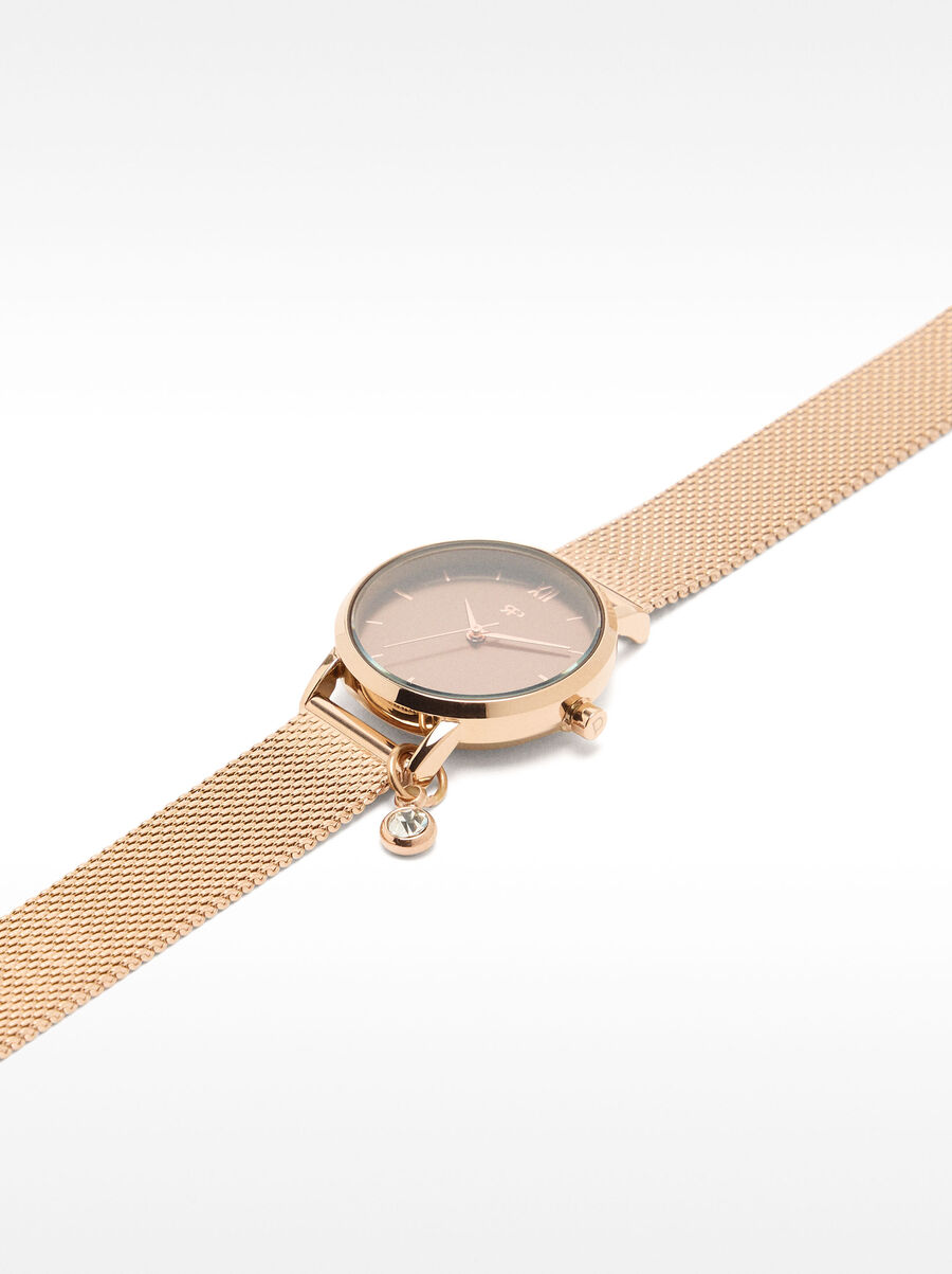 Watch with stainless steel mesh strap and crystal charm