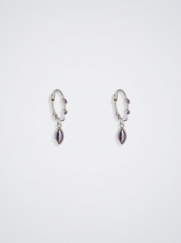 925 Sterling Silver Short Hoops With Zirconia, Violet, hi-res