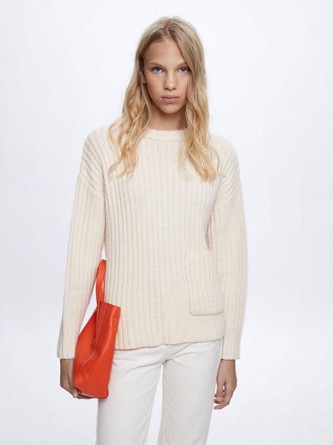Knitted Sweater With Pocket, Ecru, hi-res