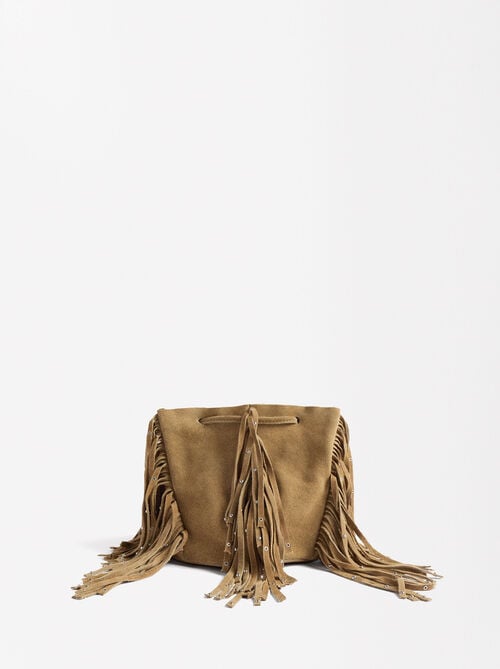 Leather bucket bag with fringes