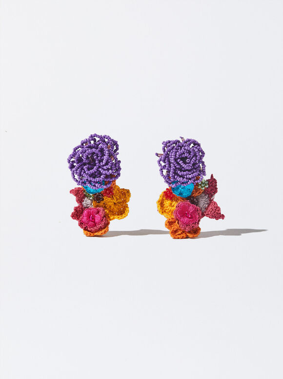 Crochet Clip Earrings With Beads, Multicolor, hi-res
