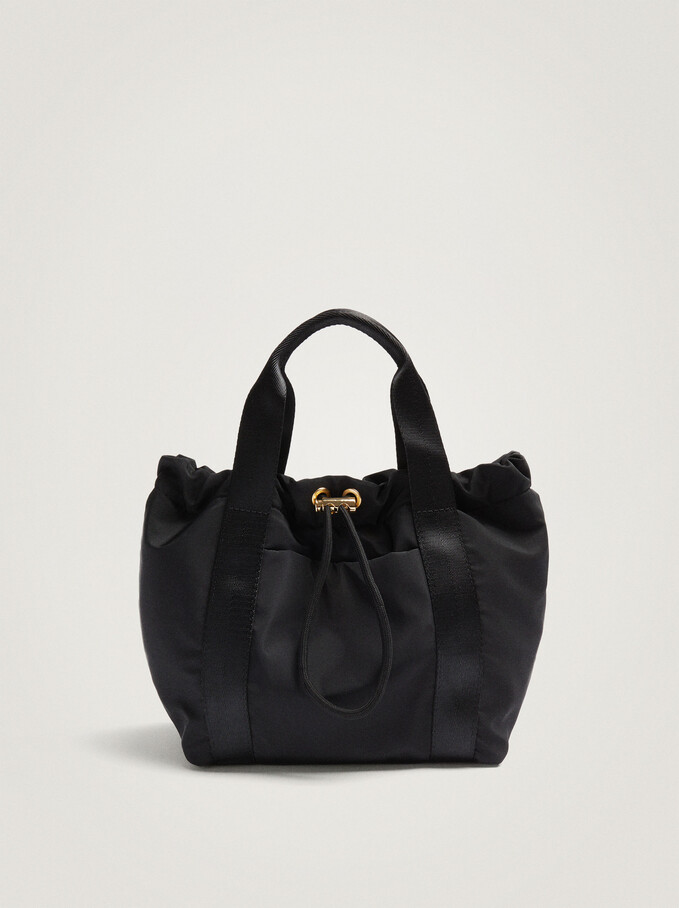 Nylon Tote Bag With Cord Closure, Black, hi-res