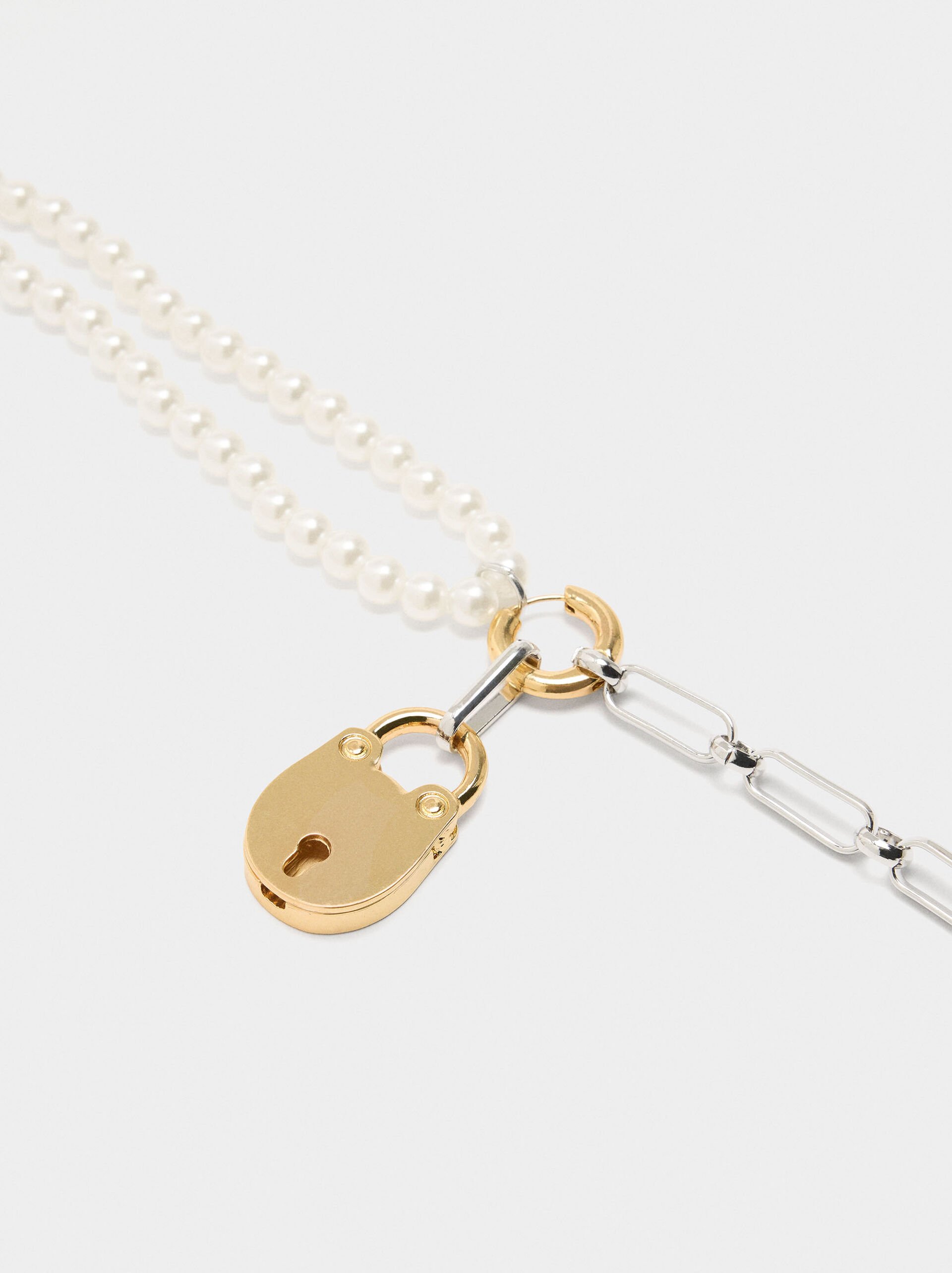 Necklace of links with pearl pendant and padlock image number 1.0