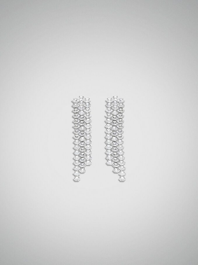 Long Earrings With Zirconia, Silver, hi-res