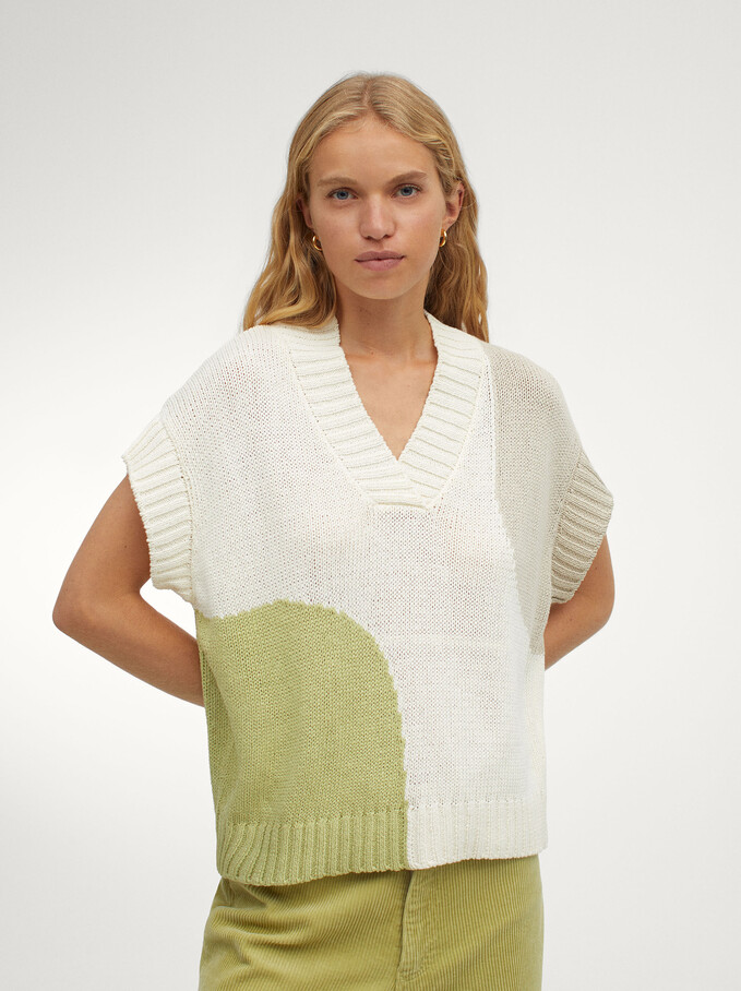 100% Cotton Knitted Printed Vest, Ecru, hi-res