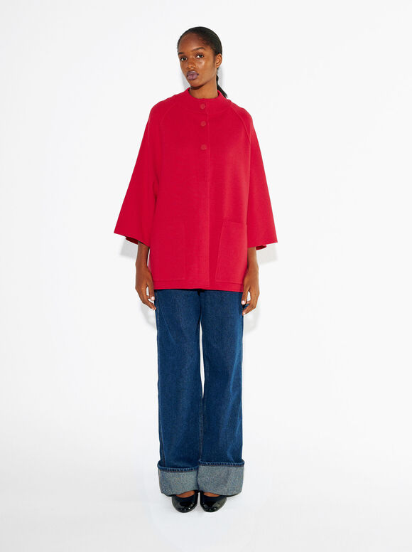 Round Neck Knitted Poncho, Red, hi-res