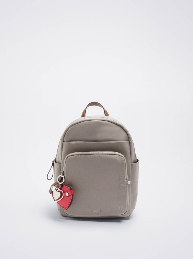 Nylon Backpack With Heart Pendant, Brown, hi-res