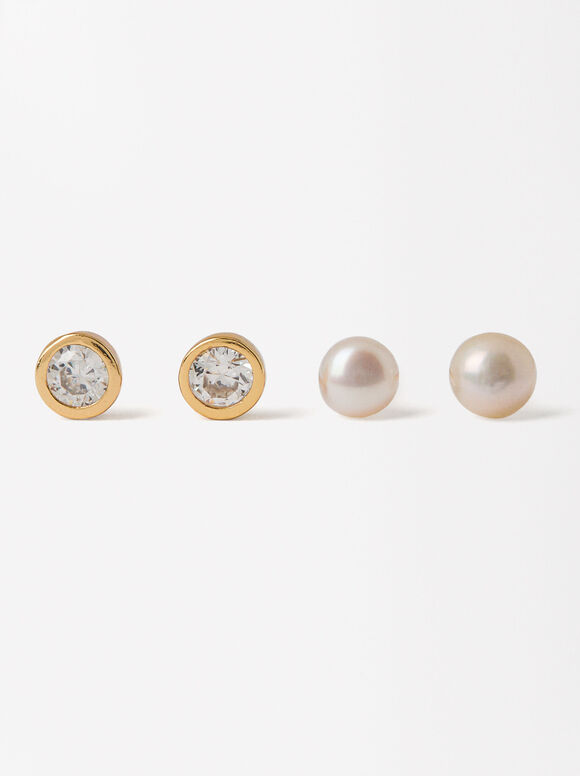 Crystal Pearl Earring Set - Sterling Silver 925, Golden, hi-res