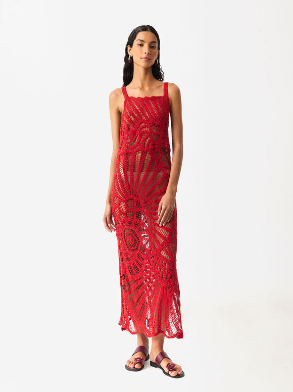 Long Crochet Dress, Red, hi-res