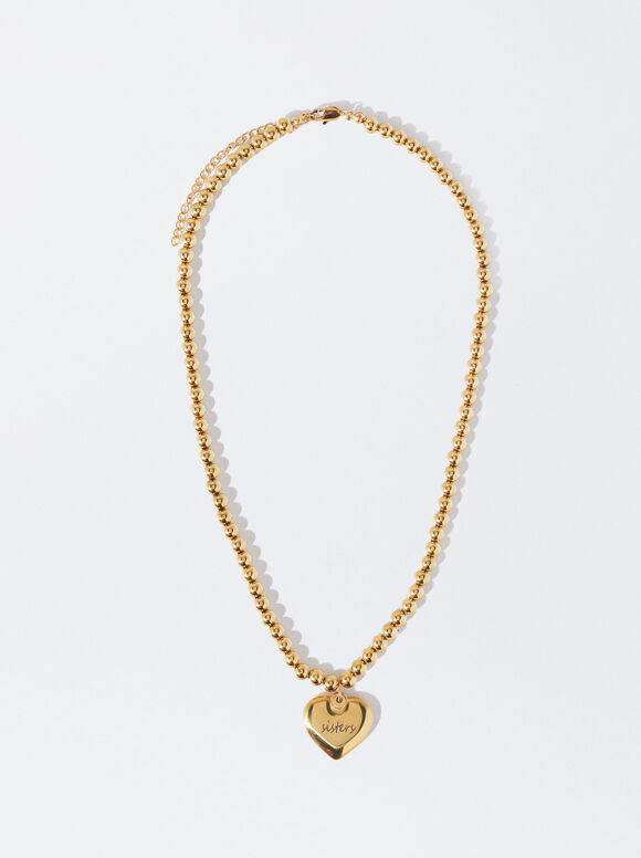 Personalisable Golden Steel Heart Necklace, Golden, hi-res