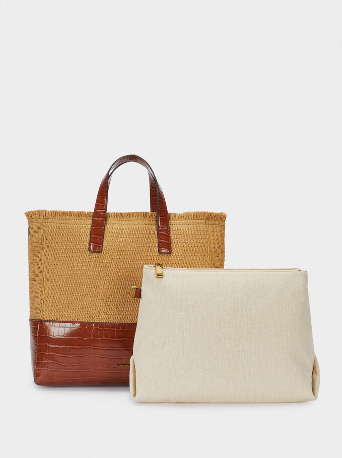 Combined Woven Shopper Bag , Camel, hi-res