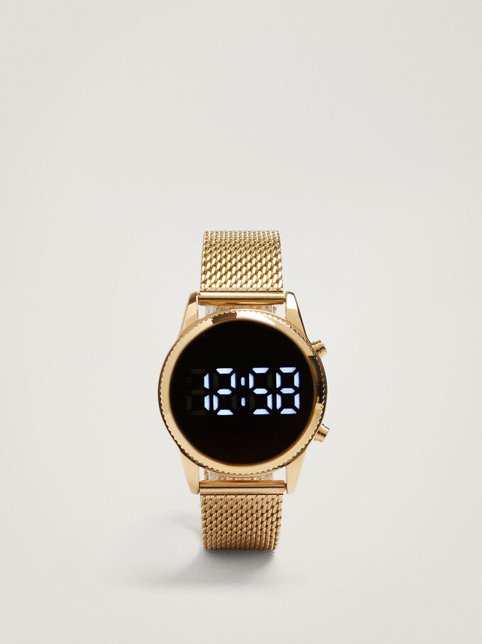 Digital Watch With Steel Wristband, Golden, hi-res