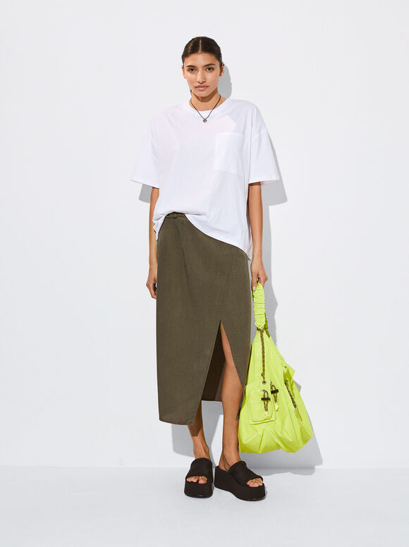 Lyocell Midi Skirt, Khaki, hi-res