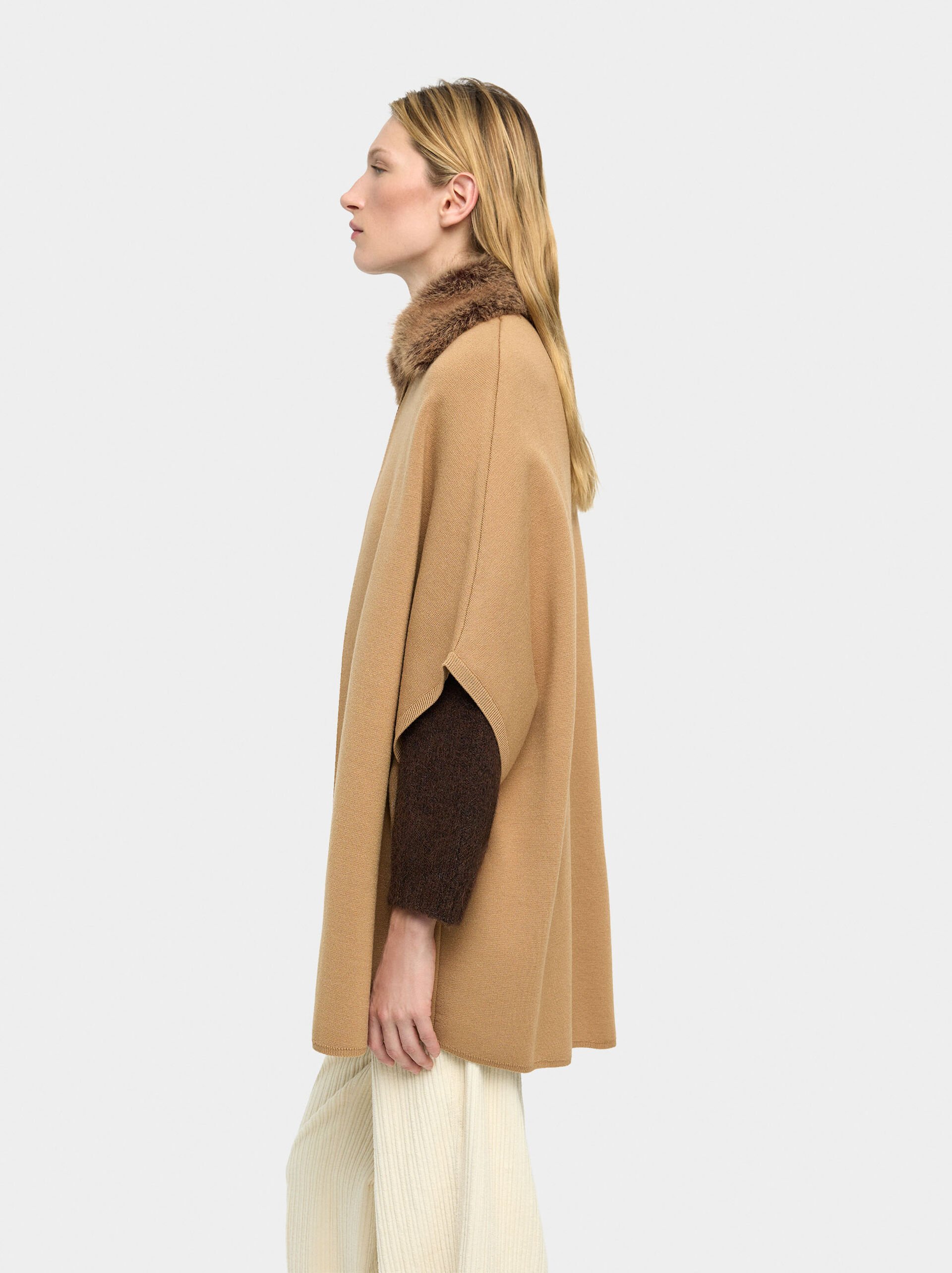 Knit poncho with fur-effect collar image number 2.0