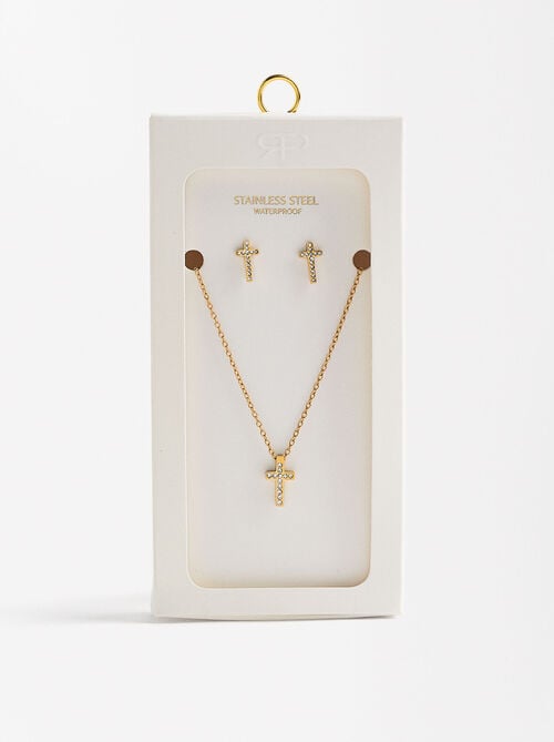 Set de pendientes con collar cruzado con cristales - Acero inoxidable