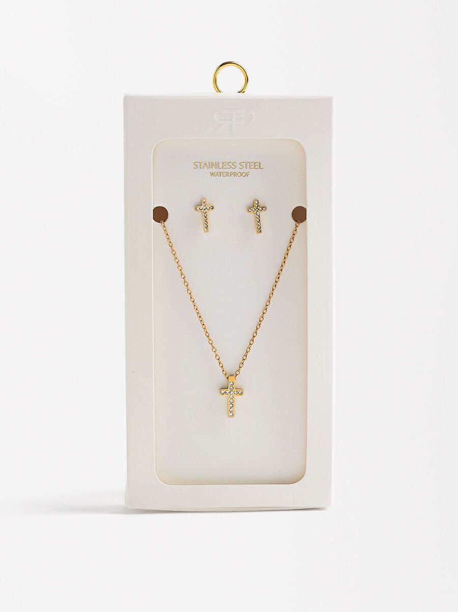 Cross Crystal Earrings Set with Necklace - Stainless Steel