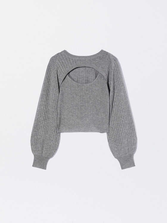 Knitted Sweater With Open Neckline, Grey, hi-res