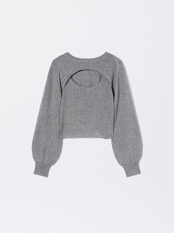 Knitted Sweater With Open Neckline, Grey, hi-res